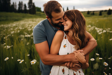 A couple hugging in a field of wildflowers