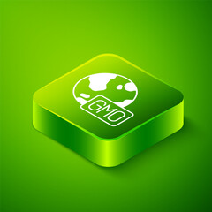 Isometric GMO icon isolated on green background. Genetically modified organism acronym. Dna food modification. Green square button. Vector