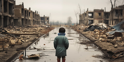 Close-up of the back of a little boy with a city destroyed by war in the background