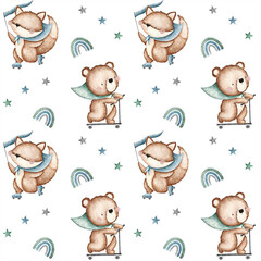 Bear and Fox seamless pattern digital file, Bear Fabric Design, Baby Seamless Pattern, Children's Seamless, Non-Exclusive, White background