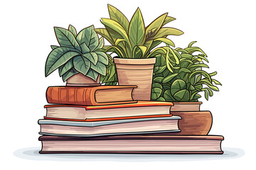 Bookshelf stack of books houseplants sticker design isolated on white background