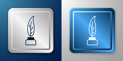 White Feather and inkwell icon isolated on blue and grey background. Silver and blue square button. Vector