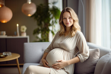 Obraz na płótnie Canvas Home Cozy Portrait of Pregnant Woman Sitting on Sofa in a Modern Room