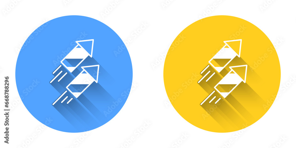 Poster White Firework rocket icon isolated with long shadow background. Concept of fun party. Explosive pyrotechnic symbol. Circle button. Vector
