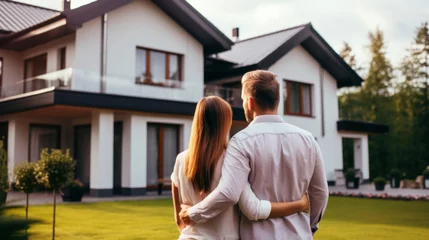 Fotobehang Couple, new home and outdoor embracing after buying or renting real estate property © Malambo/Peopleimages - AI