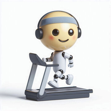 White cartoon robot in a headband running on a treadmill. 3d mascot of AI assistant, generative ai