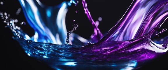 Small glowing blue purple coloring water splash with black background white light generated AI.