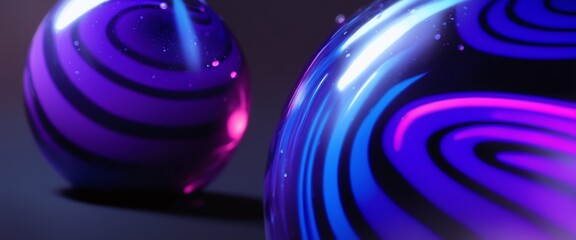 blue purple glass ball with neon glow light. 3d background wallpaper. AI generated.