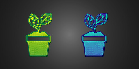Green and blue Plant in pot icon isolated on black background. Plant growing in a pot. Potted plant sign. Vector