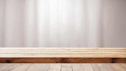 Fototapeta premium Empty wooden table in front with blurred white background
