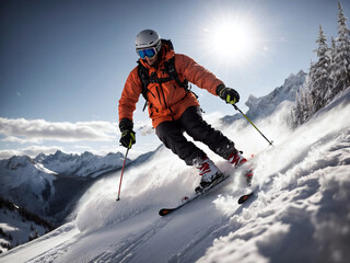 Fototapeta na wymiar Skier skiing downhill in high mountains, extreme sport on a sunny day, healthy lifestyle. 