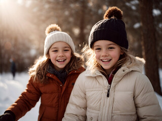 Fototapeta premium Diverse group of children having fun outdoors on nature on winter holidays, weekend.