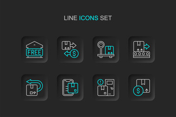 Set line Carton cardboard box, Home delivery services, Document tracking marker, Return, Conveyor belt with, Scale, Tax and Free storage icon. Vector