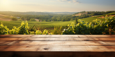 Wood table top on blurred vineyard landscape background