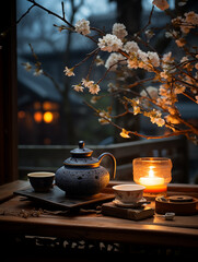 Fototapeta premium Close-up of tea set and candles in Chinese style atmosphere, in front of windowsill