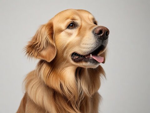 Primer plano de perro de raza golden retriever, con la lengua de fuera, mirando hacia el lado derecho