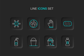 Set line Bottle for detergent, Bucket with foam and bubbles, Antibacterial soap, Sponge, Rubber gloves, Water drop and Bacteria icon. Vector