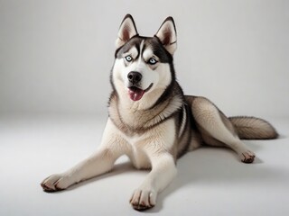 Fototapeta premium Perro de raza Husky echado en el suelo, sobre fondo blanco