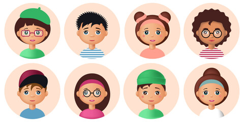 3d set children's avatar, cute face of a girl and boys  with a smile and different hairstyle. Collection of happy children.

