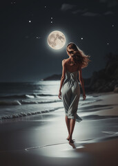 giovane affascinante donna vista di spalle che passeggia su una spiaggia deserta al chiaro di luna - obrazy, fototapety, plakaty