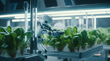 Robotic arm harvests hydroponic lettuce. - obrazy, fototapety, plakaty