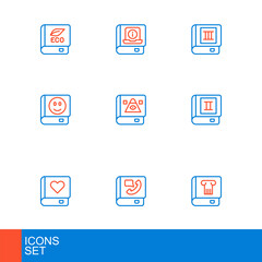 Fototapeta premium Set line History book, Phone, Romance, Book, Ancient magic, and User manual icon. Vector