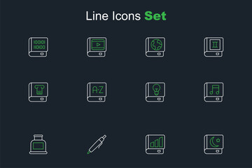 Set line Holy book of Koran, Financial, Pen, Inkwell, Audio, User manual, Translator and History icon. Vector