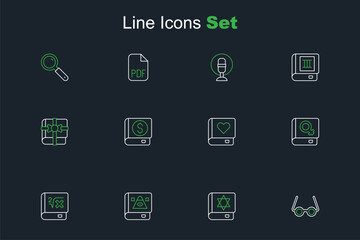 Set line Glasses, Jewish torah book, Ancient magic, Book with mathematics, about women, Romance, Financial and gift icon. Vector