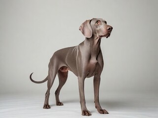 Fototapeta premium Perro de raza Weimaraner, parado, mirando hacia el lado derecho, sobre fondo blanco.