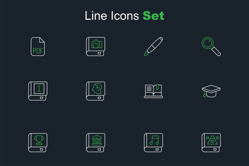 Fototapeta premium Set line Ancient magic book, Audio, Law, Book, Graduation cap, Open, and icon. Vector