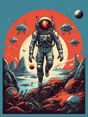 Immerse yourself in a world of nostalgia with our collection of retro sci-fi pulp art, where brave astronauts encounter enigmatic aliens in thrilling adventures. - obrazy, fototapety, plakaty
