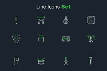 Set line Clarinet, Mandolin, Drum with drum sticks, African percussion, Conga drums, Music synthesizer, and Guitar pick icon. Vector