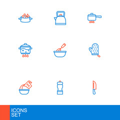 Set line Knife, Pepper, Measuring cup and bowl, Oven glove, Cooking pot on fire, whisk with, and Kettle handle icon. Vector