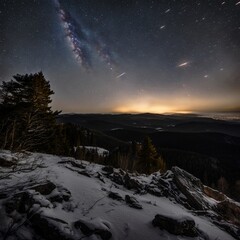 Rocky mountain landscape with snow-capped peaks during meteor shower