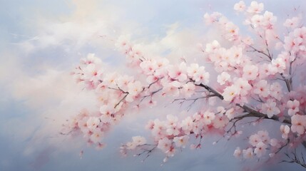 A mesmerizing dance of cherry blossoms, caught in a gentle breeze against a pastel sky.