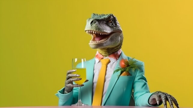 A joyful dinosaur sipping a cocktail and having a great time at a party
