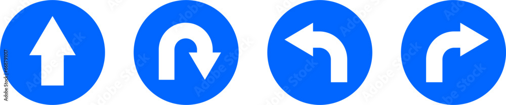 Poster go straight this way one way only u turn left and right blue and white arrow round circle traffic si