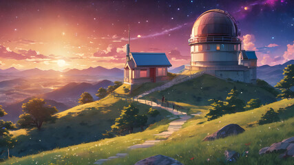 An Illustration Capturing the Sunset Hues and Celestial Beauty from the Astronomy Observatory at Dusk and Dawn