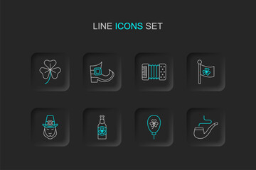 Fototapeta premium Set line Smoking pipe, Balloon with clover trefoil leaf, Beer bottle, Leprechaun, Ireland flag, Accordion, boot and Clover icon. Vector