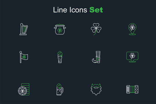 Set line Accordion, Mustache and beard, Glass of beer, Golden leprechaun coin, Clover trefoil leaf, Leprechaun boot, and Ireland flag with clover icon. Vector