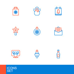 Set line Champagne bottle, Christmas toy, Gift bow, Envelope, star, ball, day calendar and snowman icon. Vector