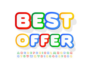 Vector promo poster Best Offer. Colorful and White paper Font. Sticker style Alphabet Letters and Numbers set