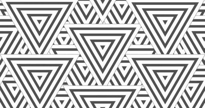 Small triangular radiowave arranged and placed together to form a pattern grid. Multiple growing triangle radiowave seamless looped motion graphics shape background. Black and white color background.