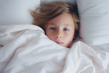 Fototapeta na wymiar photo of a child at home in bed. Disease, epidemic, virus, light background