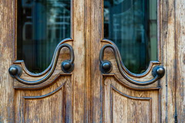 Dark old brown doors with bronze handles and glass. Wooden door with windows with street reflection, closeup - obrazy, fototapety, plakaty