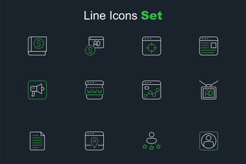 Set line Create account screen, Consumer product rating, Infographic of city map, File document, Advertising, Market analysis, Browser window and Megaphone icon. Vector