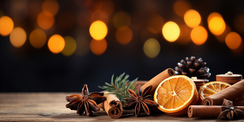 Traditional Christmas spices and dried orange slices on holiday bokeh background - obrazy, fototapety, plakaty