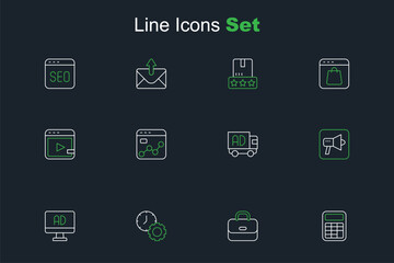 Fototapeta premium Set line Calculator, Briefcase, Time management, Advertising, Megaphone, truck, Market analysis and Video advertising icon. Vector