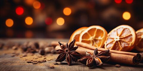 Traditional Christmas spices and dried orange slices on holiday bokeh background
