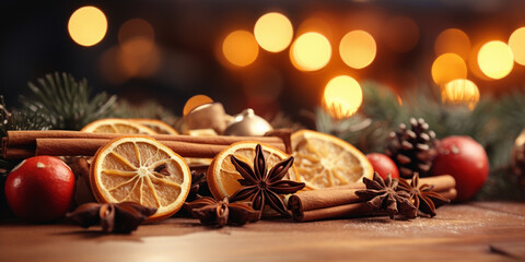 Traditional Christmas spices and dried orange slices on holiday bokeh background